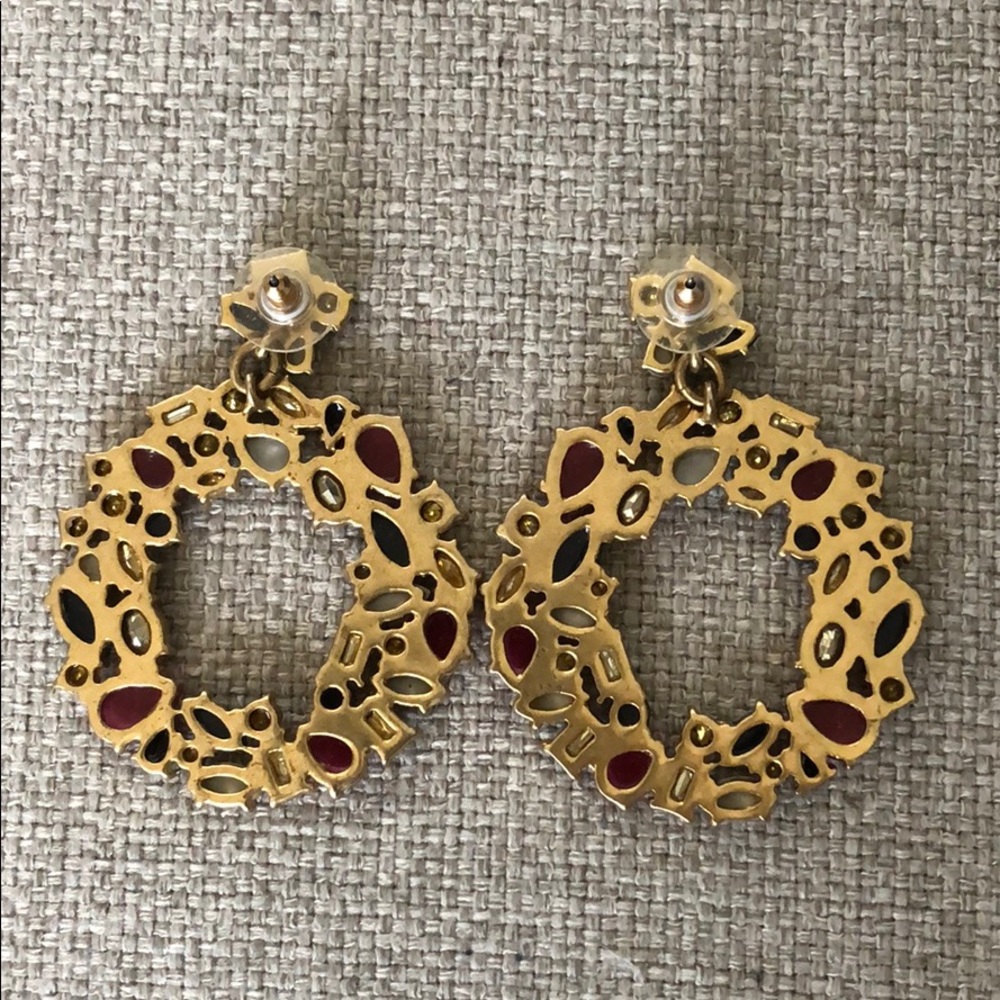 J. Crew Earrings Floral Wreath Gemstones Jewel Dark Peony Red - Picture 5 of 7